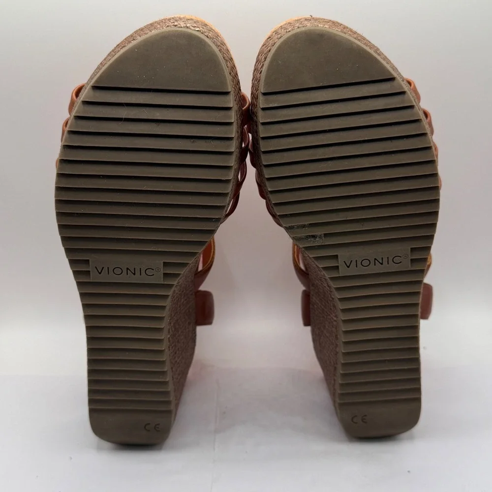Vionic Clarisa Tan Leather Raffia Wedge Sandals Strappy Platform Brown 8